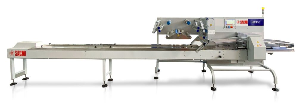 Industrial food packaging line with a stainless steel conveyor and a SACMI HPS50 unit on the right side