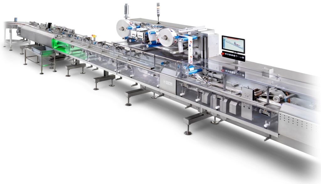 Automated packaging conveyor line with stainless steel rollers and a control touchscreen.