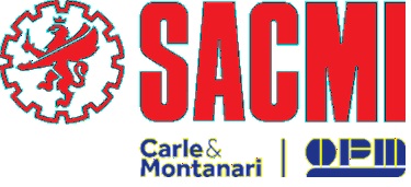 SACMI logo collage: gear emblem with a red bird, bold red 'SACMI' text, and smaller 'Carle & Montanari' plus blue 'OPEN' logos.